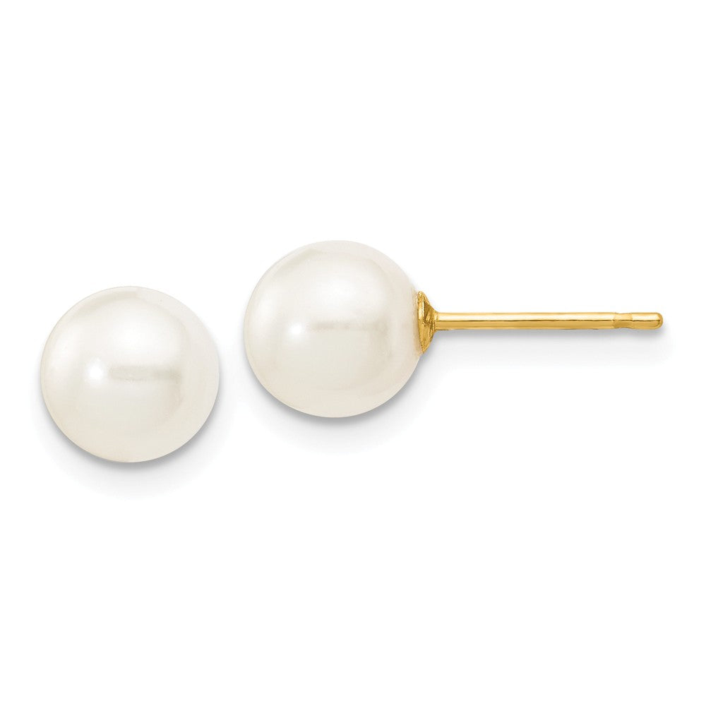 Million Charms 14k Yellow Gold 6-7mm White Round Freshwater Cultured Pearl Stud Post Earrings, 6 to 7mm x 6 to 7mm