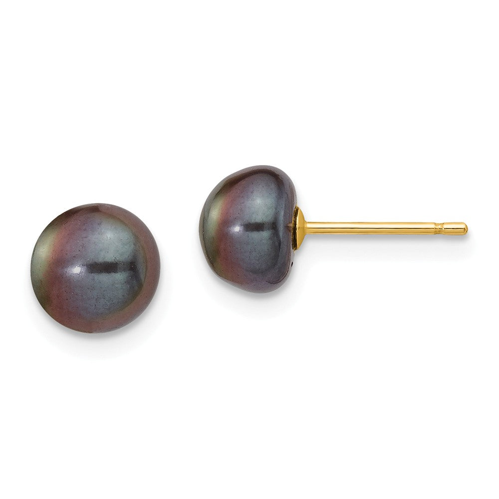 Million Charms 14k Yellow Gold 7-8mm Black Button Freshwater Cultured Pearl Stud Post Earrings, 7 to 8mm x 7 to 8mm