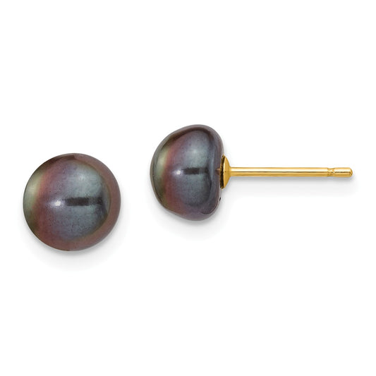 Million Charms 14k Yellow Gold 7-8mm Black Button Freshwater Cultured Pearl Stud Post Earrings, 7 to 8mm x 7 to 8mm