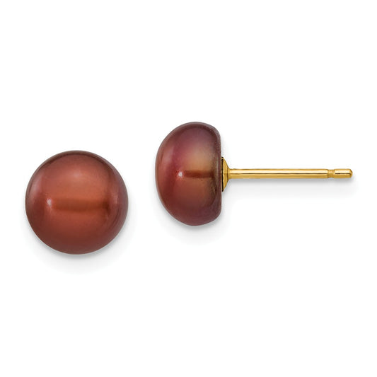 Million Charms 14k Yellow Gold 7-8mm Coffee Button Freshwater Cultured Pearl Stud Post Earrings, 7 to 8mm x 7 to 8mm