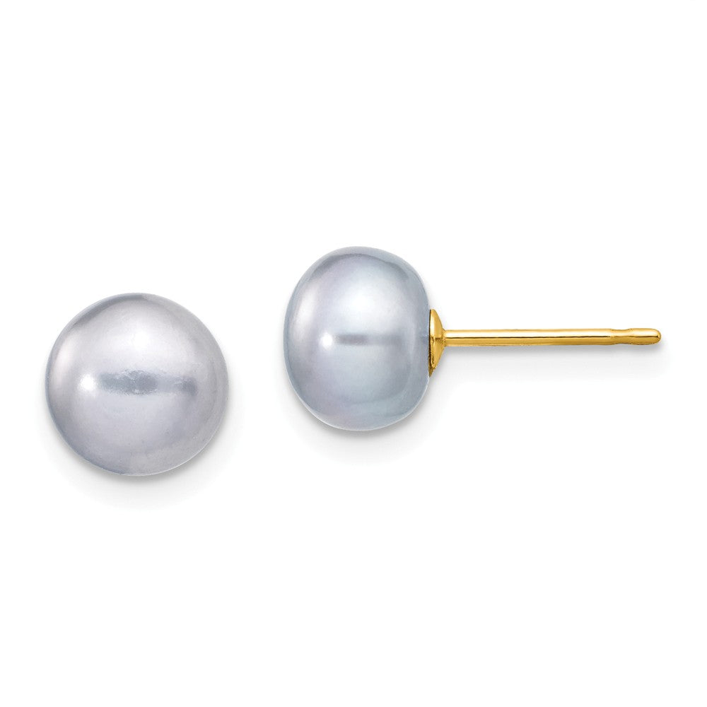 Million Charms 14k Yellow Gold 7-8mm Grey Button Freshwater Cultured Pearl Stud Post Earrings, 7 to 8mm x 7 to 8mm