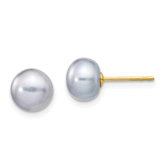 Million Charms 14k Yellow Gold 7-8mm Grey Button Freshwater Cultured Pearl Stud Post Earrings, 7 to 8mm x 7 to 8mm