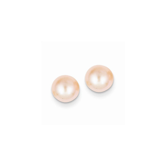 Million Charms 14k Yellow Gold 7-8mm Pink Button Freshwater Cultured Pearl Stud Post Earrings, 7 to 8mm x 7 to 8mm