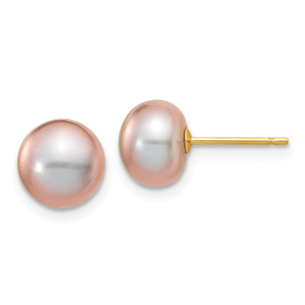 Million Charms 14k Yellow Gold 7-8mm Purple Button Freshwater Cultured Pearl Stud Post Earrings, 7 to 8mm x 7 to 8mm