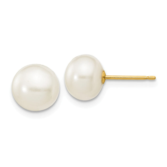 Million Charms 14k Yellow Gold 7-8mm White Button Freshwater Cultured Pearl Stud Post Earrings, 7 to 8mm x 7 to 8mm