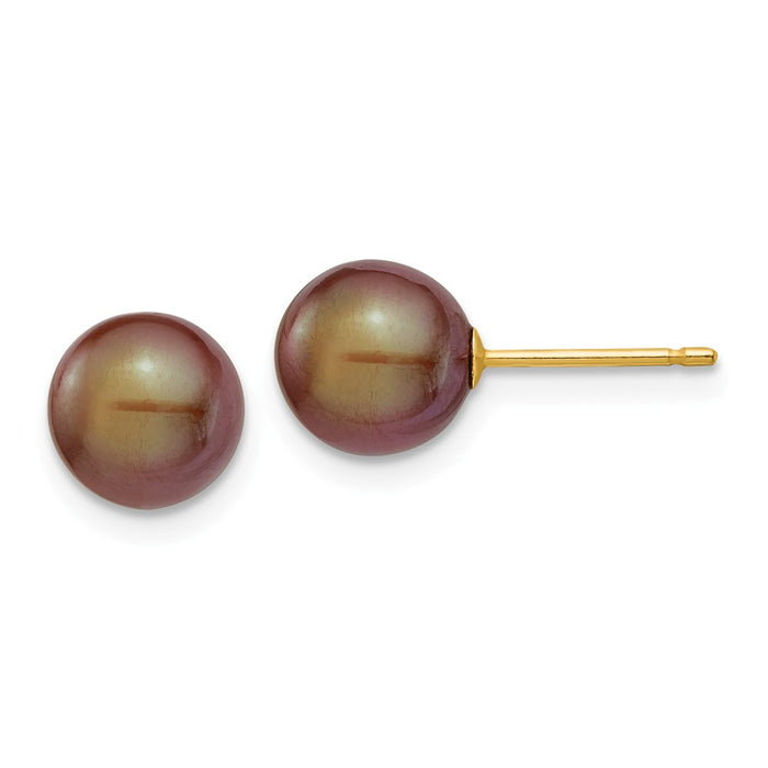 Million Charms 14k Yellow Gold 7-8mm Coffee Round Freshwater Cultured Pearl Stud Post Earrings, 7 to 8mm x 7 to 8mm