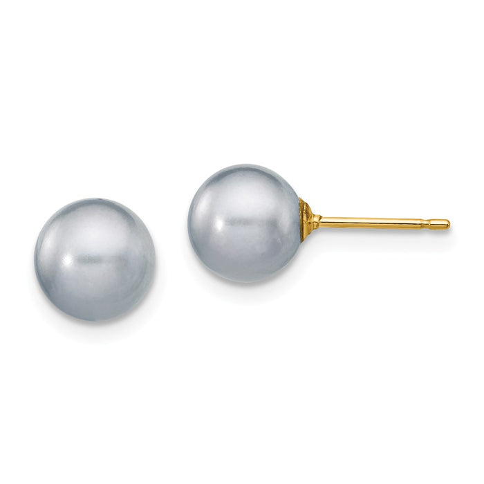 Million Charms 14k Yellow Gold 7-8mm Grey Round Freshwater Cultured Pearl Stud Post Earrings, 7 to 8mm x 7 to 8mm