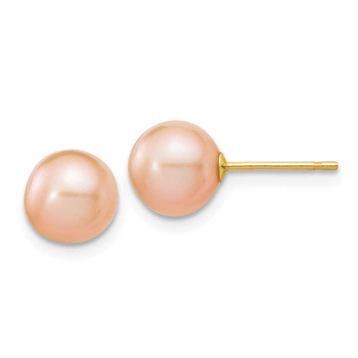 Million Charms 14k Yellow Gold 7-8mm Pink Round Freshwater Cultured Pearl Stud Post Earrings, 7 to 8mm x 7 to 8mm