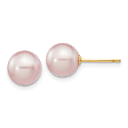 Million Charms 14k Yellow Gold 7-8mm Purple Round Freshwater Cultured Pearl Stud Post Earrings, 7 to 8mm x 7 to 8mm