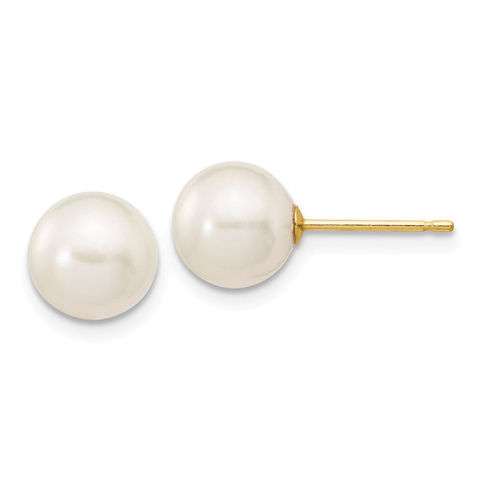 Million Charms 14k Yellow Gold 7-8mm White Round Freshwater Cultured Pearl Stud Post Earrings, 7 to 8mm x 7 to 8mm