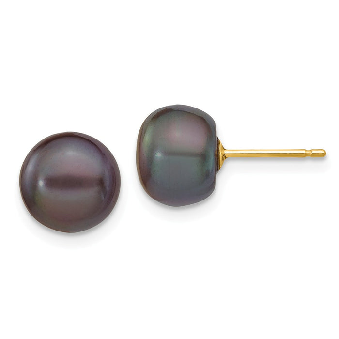 Million Charms 14k Yellow Gold 8-9mm Black Button Freshwater Cultured Pearl Stud Post Earrings, 8 to 9mm x 8 to 9mm