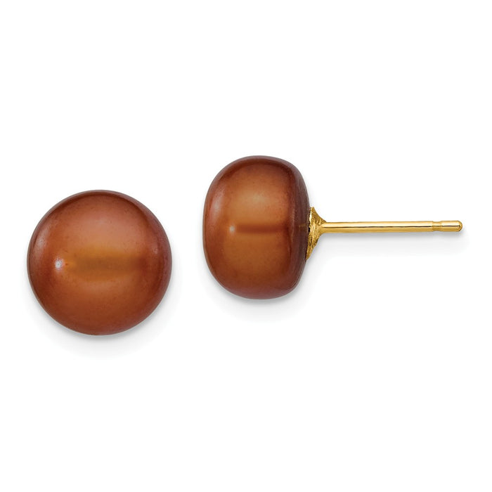 Million Charms 14k Yellow Gold 8-9mm Coffee Button Freshwater Cultured Pearl Stud Post Earrings, 8 to 9mm x 8 to 9mm