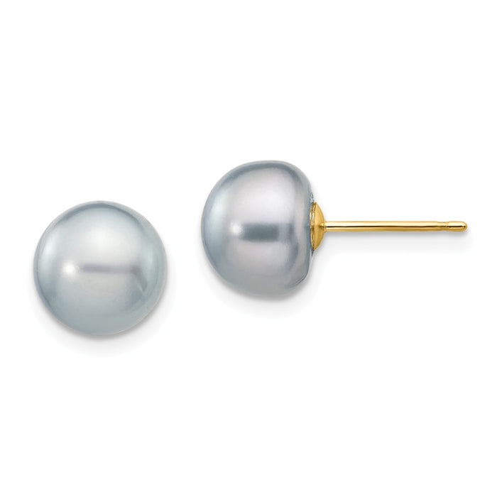 Million Charms 14k Yellow Gold 8-9mm Grey Button Freshwater Cultured Pearl Stud Post Earrings, 8 to 9mm x 8 to 9mm