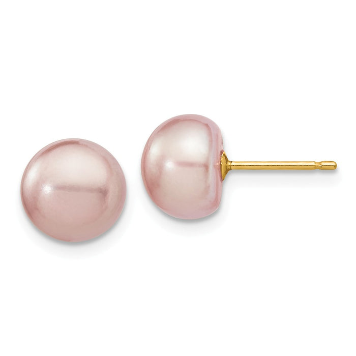 Million Charms 14k Yellow Gold 8-9mm Purple Button Freshwater Cultured Pearl Stud Post Earrings, 8 to 9mm x 8 to 9mm