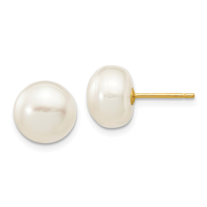 Million Charms 14k Yellow Gold 8-9mm White Button Freshwater Cultured Pearl Stud Post Earrings, 8 to 9mm x 8 to 9mm