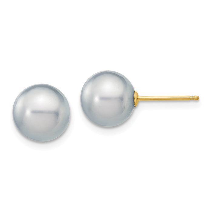 Million Charms 14k Yellow Gold 8-9mm Grey Round Freshwater Cultured Pearl Stud Post Earrings, 8 to 9mm x 8 to 9mm