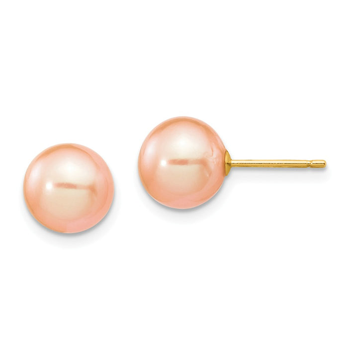 Million Charms 14k Yellow Gold 8-9mm Pink Round Freshwater Cultured Pearl Stud Post Earrings, 8 to 9mm x 8 to 9mm