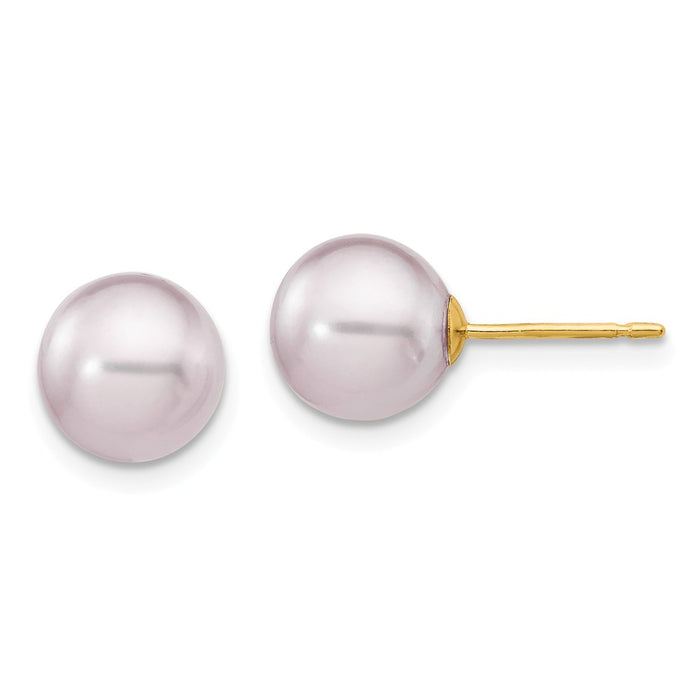 Million Charms 14k Yellow Gold 8-9mm Purple Round Freshwater Cultured Pearl Stud Post Earrings, 8 to 9mm x 8 to 9mm