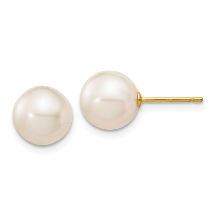 Million Charms 14k Yellow Gold 8-9mm White Round Freshwater Cultured Pearl Stud Post Earrings, 8 to 9mm x 8 to 9mm