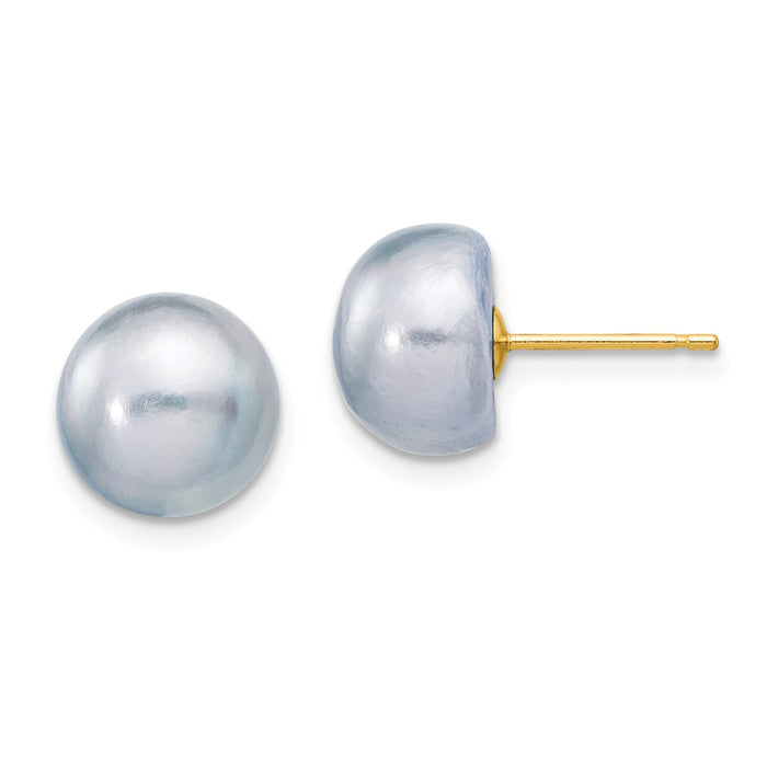 Million Charms 14k Yellow Gold 9-10mm Grey Button Freshwater Cultured Pearl Stud Post Earrings, 9 to 10mm x 9 to 10mm