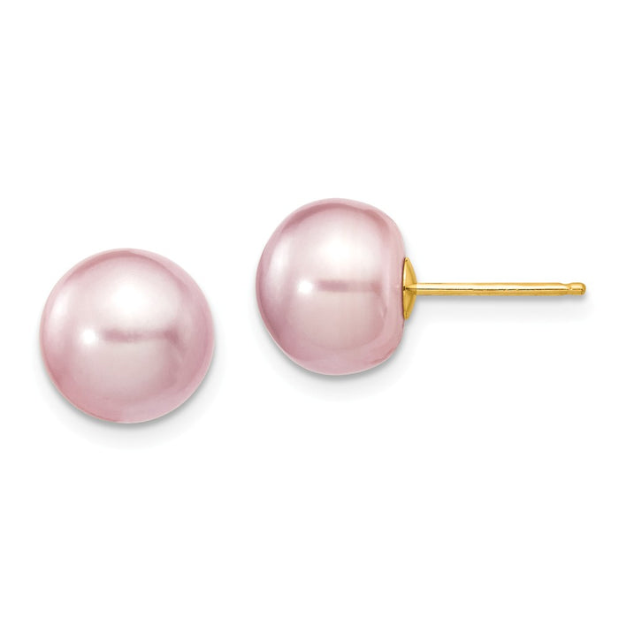 Million Charms 14k Yellow Gold 9-10mm Purple Button Freshwater Cultured Pearl Stud Post Earrings, 9 to 10mm x 9 to 10mm