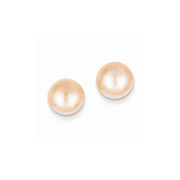 Million Charms 14k Yellow Gold 9-10mm Pink Button Freshwater Cultured Pearl Stud Post Earrings, 9 to 10mm x 9 to 10mm