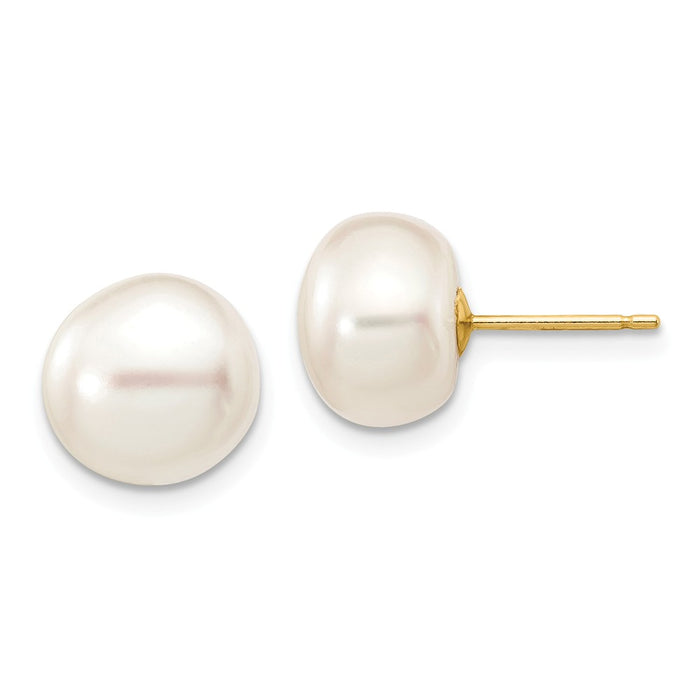 Million Charms 14k Yellow Gold 9-10mm White Button Freshwater Cultured Pearl Stud Post Earrings, 9 to 10mm x 9 to 10mm