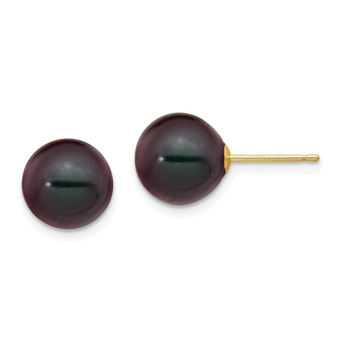 Million Charms 14k Yellow Gold 9-10mm Black Round Freshwater Cultured Pearl Stud Post Earrings, 9 to 10mm x 9 to 10mm