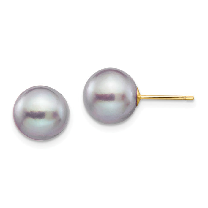 Million Charms 14k Yellow Gold 9-10mm Grey Round Freshwater Cultured Pearl Stud Post Earrings, 9 to 10mm x 9 to 10mm