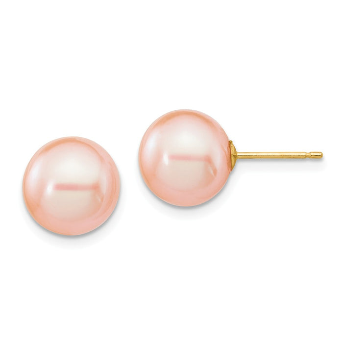 Million Charms 14k Yellow Gold 9-10mm Pink Round Freshwater Cultured Pearl Stud Post Earrings, 9 to 10mm x 9 to 10mm