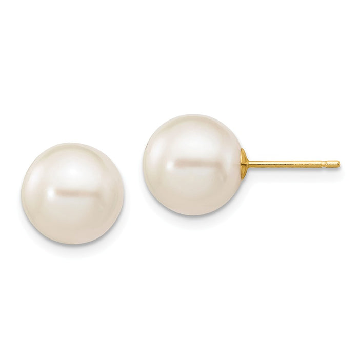 Million Charms 14k Yellow Gold 9-10mm White Round Freshwater Cultured Pearl Stud Post Earrings, 9 to 10mm x 9 to 10mm