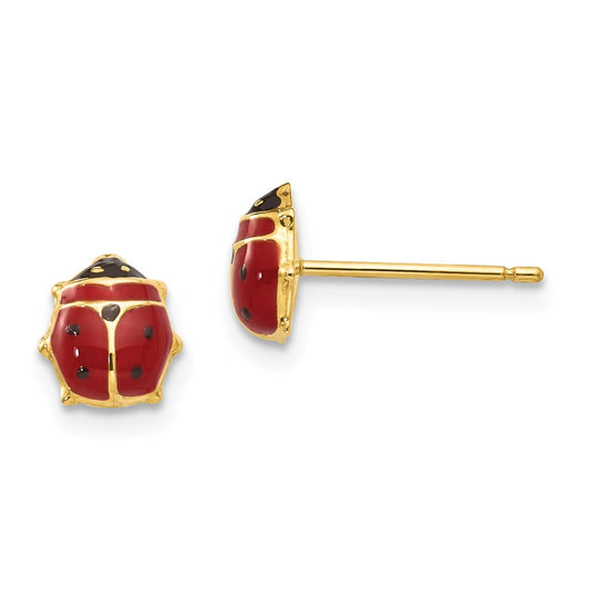 Million Charms 14k Yellow Gold Enameled Ladybug Post Earrings, 5.5mm x 6mm