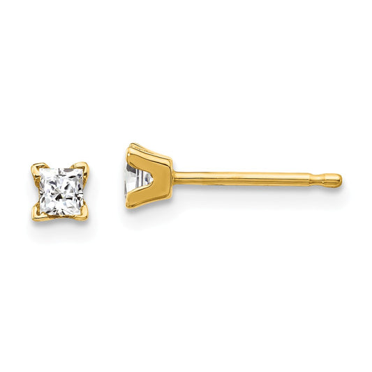 Million Charms 14k Yellow Gold AA Quality Complete Princess-cut Diamond Stud Earrings, 3mm x 3mm