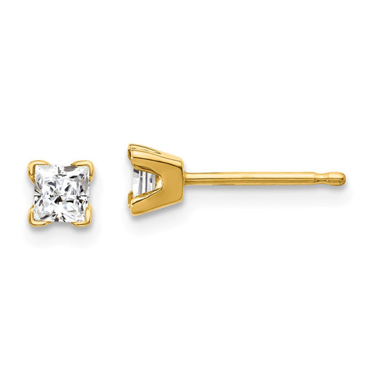 Million Charms 14k Yellow Gold AA Quality Complete Princess-cut Diamond Stud Earrings, 3.25mm x 3.25mm