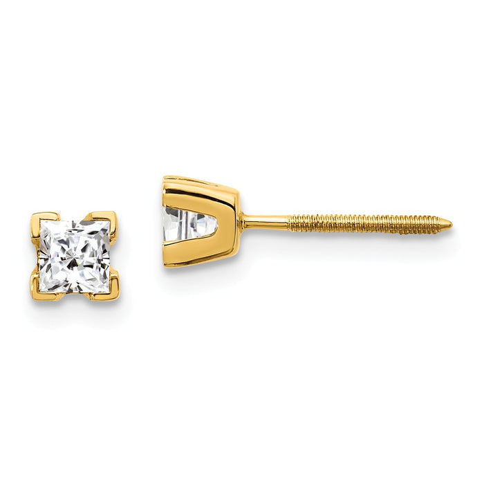 Million Charms 14k Yellow Gold AAA Quality Complete Princess-cut Diamond Earring, 3.5mm x 3.5mm