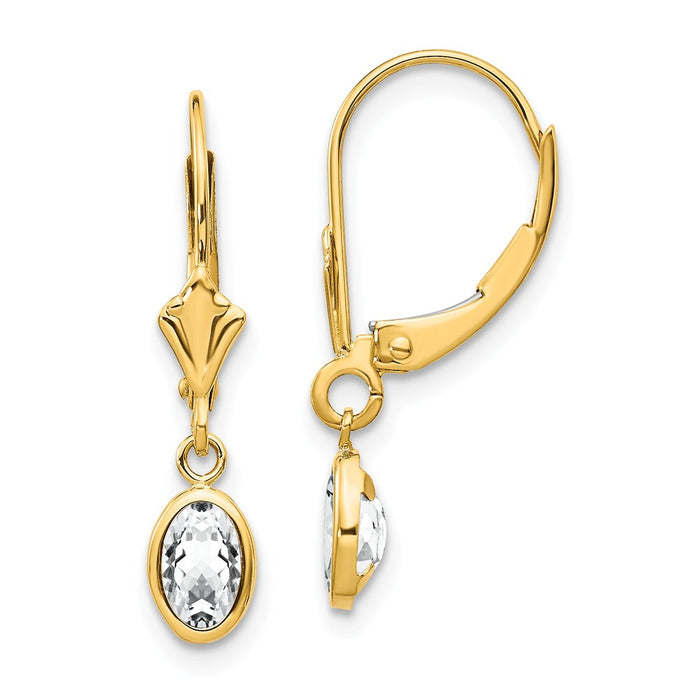 Million Charms 14k Yellow Gold 6x4 Oval Bezel April/White Topaz Leverback Earrings, 23mm x 4mm