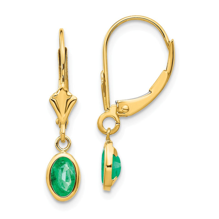 Million Charms 14k Yellow Gold 6x4 Oval Bezel May/Emerald Leverback Earrings, 23mm x 4mm