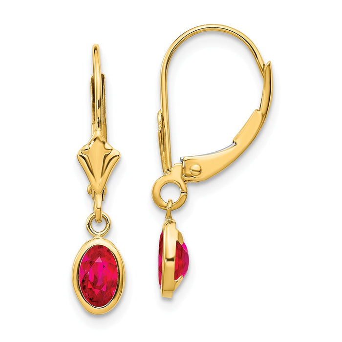 Million Charms 14k Yellow Gold 6x4 Oval Bezel July/Ruby Leverback Earrings, 23mm x 4mm