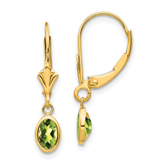 Million Charms 14k Yellow Gold 6x4 Oval Bezel August/Peridot Leverback Earrings, 23mm x 4mm