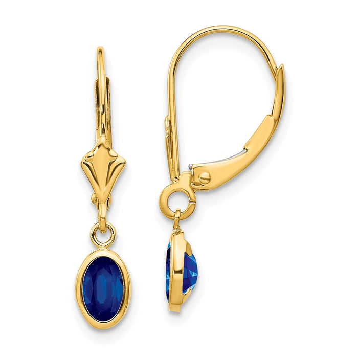 Million Charms 14k Yellow Gold 6x4 Oval Bezel September/Sapphire Leverback Earrings, 23mm x 4mm