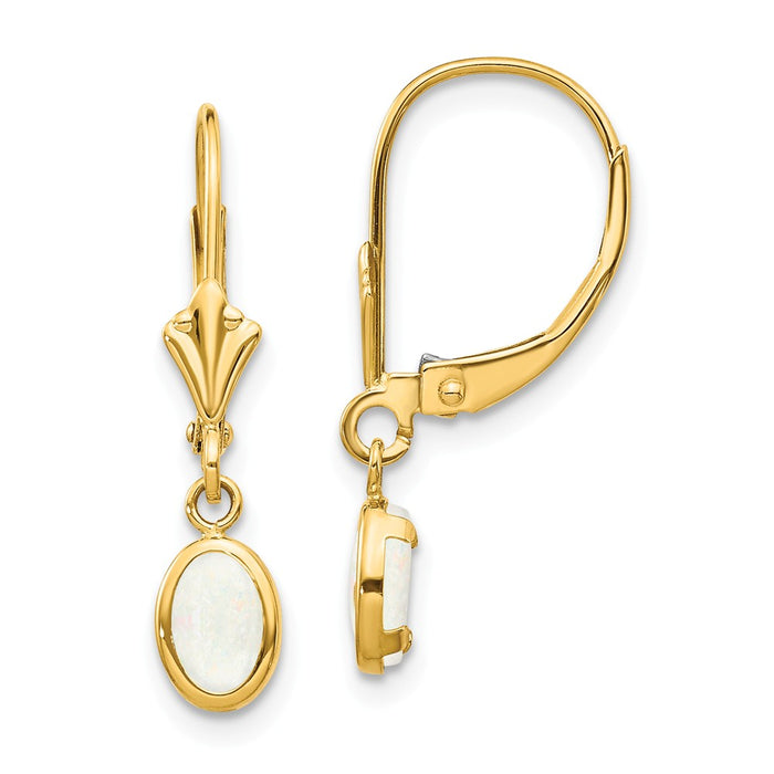 Million Charms 14k Yellow Gold 6x4 Oval Bezel October/Opal Leverback Earrings, 23mm x 4mm