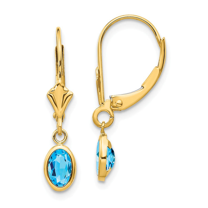 Million Charms 14k Yellow Gold 6x4 Oval Bezel December/Blue Topaz Leverback Earrings, 23mm x 4mm