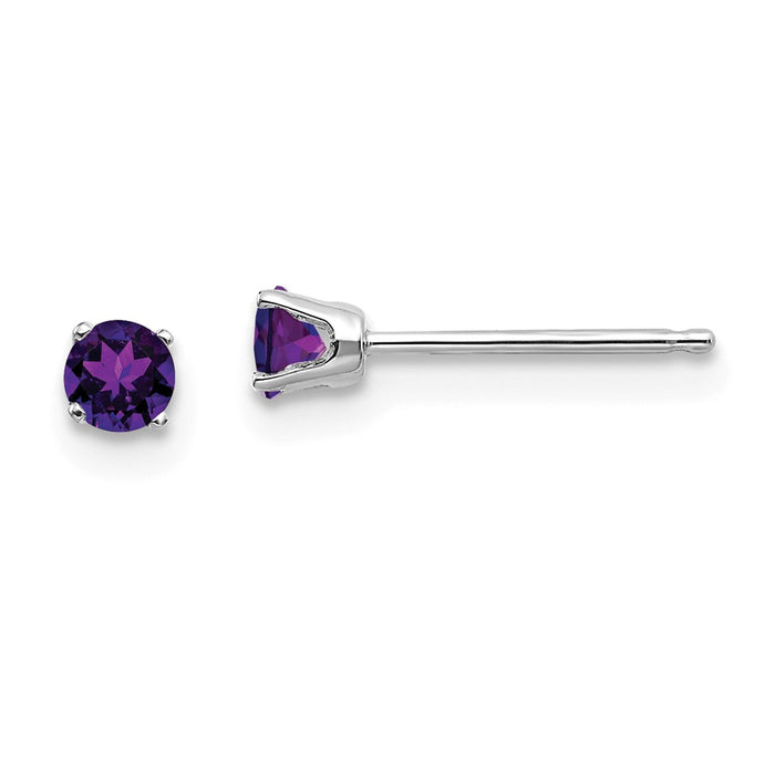 Million Charms 14k White Gold 3mm Amethyst Stud Earrings, 3mm x 3mm