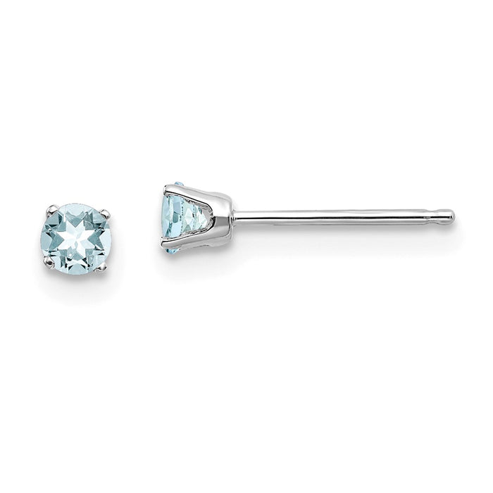 Million Charms 14k White Gold 3mm Aquamarine Stud Earrings, 3mm x 3mm