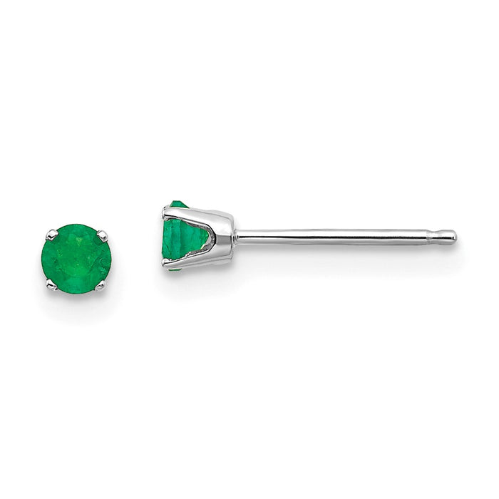 Million Charms 14k White Gold 3mm Emerald Stud Earrings, 3mm x 3mm