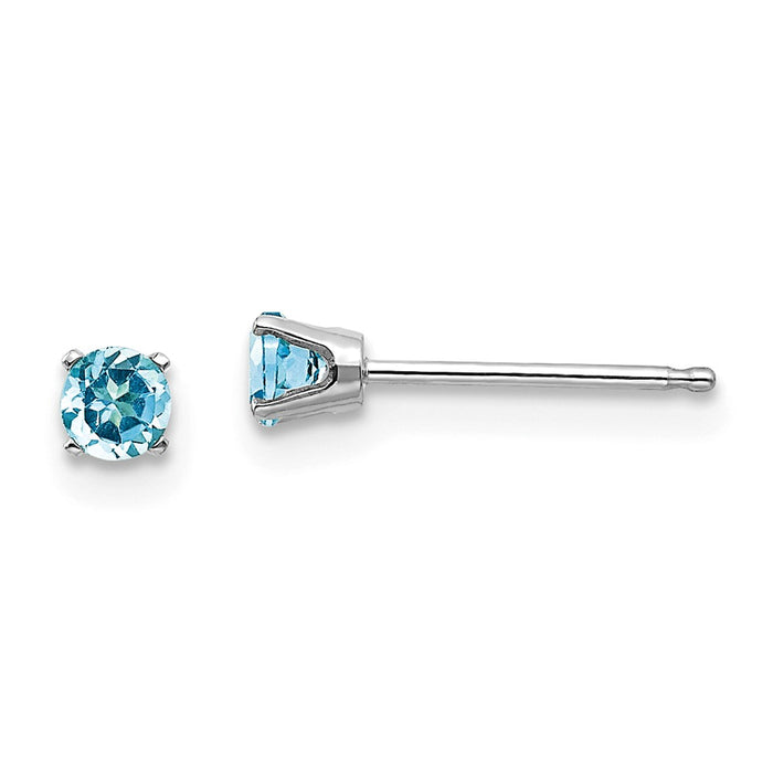 Million Charms 14k White Gold 3mm Blue Topaz Stud Earrings, 3mm x 3mm