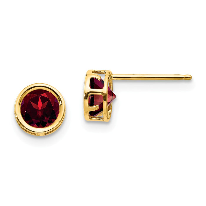 Million Charms 14k Yellow Gold 5mm Bezel Garnet Stud Earrings, 5mm x 5mm