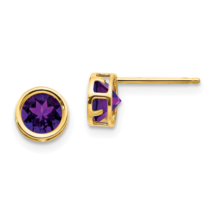 Million Charms 14k Yellow Gold 5mm Bezel Amethyst Stud Earrings, 5mm x 5mm