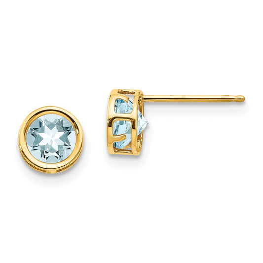 Million Charms 14k Yellow Gold 5mm Bezel Aquamarine Stud Earrings, 5mm x 5mm