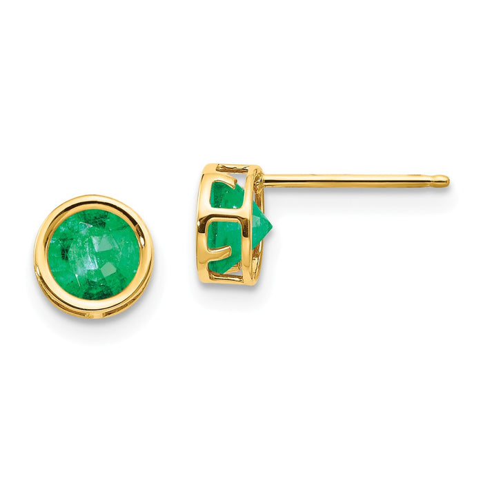 Million Charms 14k Yellow Gold 5mm Bezel Emerald Stud Earrings, 5mm x 5mm